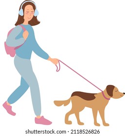 Happy girl walking with dog. Vector illustration on white surface, woman wearing headphones listening to relaxing audio therapy or music meditation, girl goes to or from school with a backpack 