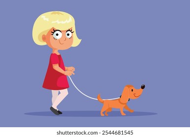 
Happy Girl Walking her Dog Outside Vector Cartoon illustration. Happy child going on a pet walk with her puppy 
