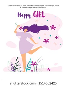 Happy Girl Walking on Lawn and Smelling Flower Flat Cartoon Poster Vector Illustration. Welcome Spring or Summer Concept. Woman Enjoying Nature and Plants. Happy Womans Day. Outdoor.