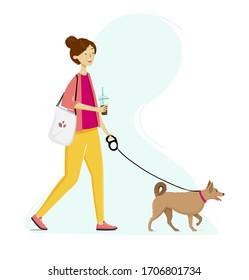 Happy Girl walking on the street with a dog and an iced coffee cup and shopping bag. Vector illustration.