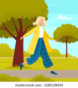 Happy girl is walking on street. Female character spends time outdoors in city park, rests in good summer weather. Woman running on road, strolling in open area against background of trees and lawn