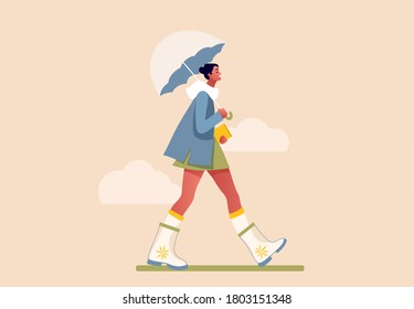 Happy girl walking in the rain. Modern flat vector concept illustration of a young fashionable woman holding an umbrella, wearing a green skirt and rubber boots. Happy autumn.