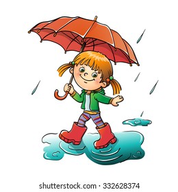 Happy girl walking in the rain with red umbrella isolated on white background