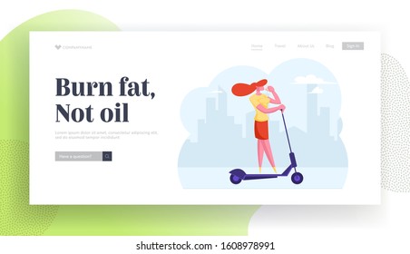 Happy Girl Walking Recreation Website Landing Page. Young Business Woman Driving Scooter Drinking Coffee in City, Hurry at Work. Dweller in Megapolis Web Page Banner. Cartoon Flat Vector Illustration