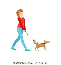 Happy Girl Walking Small Pet Dog On The Leash, Part Of Women Different Lifestyles Collection