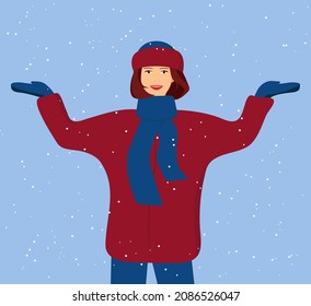 Happy girl walking under the falling snow. Flat style vector illustration.