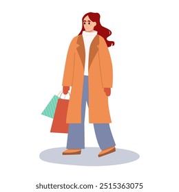 Muchacha feliz que camina en ropa caliente con las bolsas de papel en mano. Ropa en invierno. Mujer moderna en ropa de abrigo de moda. Ilustración vectorial plana aislada sobre fondo blanco.