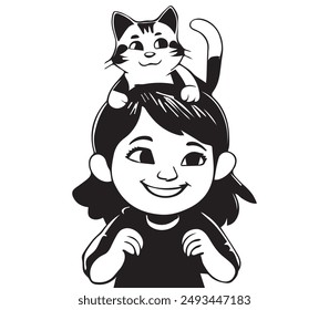 A happy girl walks outdoors with his pet on a  day. Coloring page for children. Outline cartoon vector illustration.cat. bird. vector art illustration design.