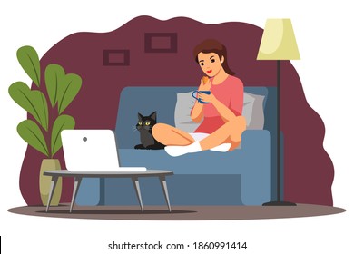 Happy girl watching tv at home with cat. Young woman at house sitting on armchair, watching television and holding pet. Rest and relax at house vector illustration. Modern interior design.
