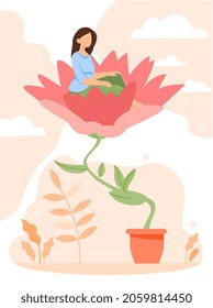 Happy girl watering flower. Woman caring for plant she sitting on. Concept of taking care of your health, psychology, awareness. Cartoon flat vector illustration isolated on white background