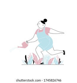 Happy girl watering flowers from a watering can in his garden. Flat cartoon linear design. Vector illustration.