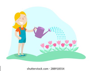 Happy girl watering flowers from a watering can in his garden. Flat design. Vector illustration.