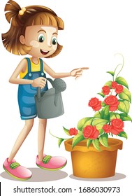 Happy girl watering roses in the garden illustration