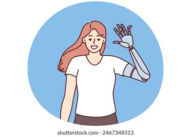 Happy girl waves prosthesis hand to demonstrate new mechanical robotic hand made on basis of innovative technologies. Woman who lost arm in car crash or in accident greets you with new prosthesis