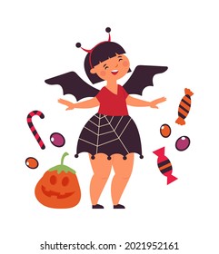 Happy girl wear Halloween dress. Cute little bat costume, scary face pumpkin and sweets vector illustration