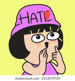 Happy Girl Wearing Bucket Hat With Letter E Hidden Out From Word Hate Caused By Love Red Heart Concept Card Character illustration