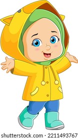 The happy girl is wearing the cute yellow raincoat and dancing under the rain of illustration