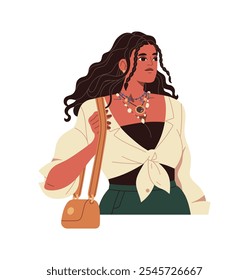 Chica feliz con traje de moda camina. Mujer joven con estilo lleva bolso de moda. Linda mujer con accesorios de joyería, collares. Ilustración vectorial aislada plana sobre fondo blanco