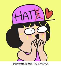 Happy Girl Wearing Hat With Letter E Crossed Out From Word Hate Concept Card Character illustration