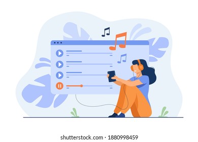 Happy girl wearing headphones, enjoying playlist, listening to music on mobile phone, singing songs. Vector illustration for entertainment, audio app, multimedia concepts