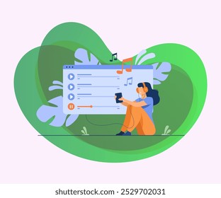 Chica feliz con auriculares, disfrutando de la lista de reproducción, escuchando música en el teléfono móvil, cantando canciones. Ilustración vectorial para entretenimiento, App de audio, conceptos multimedia