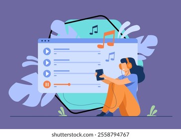 Happy girl wearing headphones, enjoying playlist, listening to music on mobile phone, singing songs. Vector illustration for entertainment, audio app, multimedia concepts