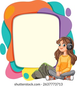 Happy girl wearing headphones sitting beside colorful abstract blank frame