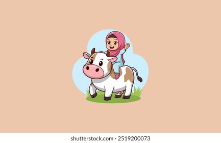 happy girl wearing a hijab riding on a cheerful cow