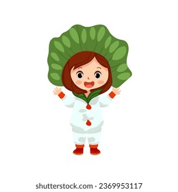 happy girl wearing natural plant costume with big leaf head accessories for school theatrical action character vector flat illustration