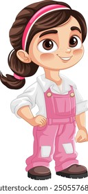 Happy girl wearing pink overalls and white shirt