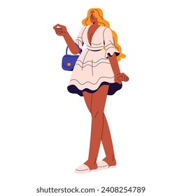 Happy girl wearing short dress with deep neckline. Blonde young woman in summer outfit carrying stylish bag. Fashion person in cute urban clothes walking. Flat isolated vector illustration on white