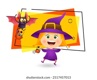 Happy girl wearing witch costume and carrying cauldron with sweets. Bat flying on abstract background. Invitation or advertising design. Halloween concept. Vector illustration for posters or banners.