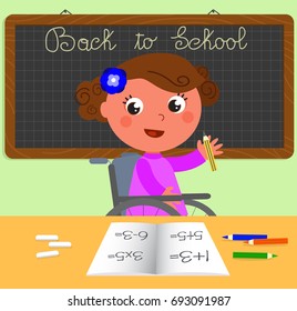 Happy girl in wheelchair in classroom at school, cartoon vector