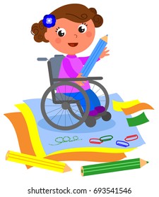 Happy girl in wheelchair drawing with big blue crayon, vector cartoon illustration