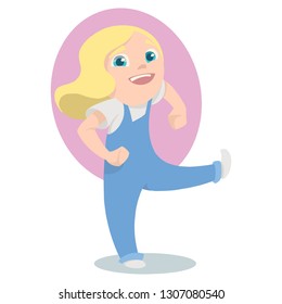 Happy  girl in a white T-shirt and overalls. Vector illustration in cartoon style.