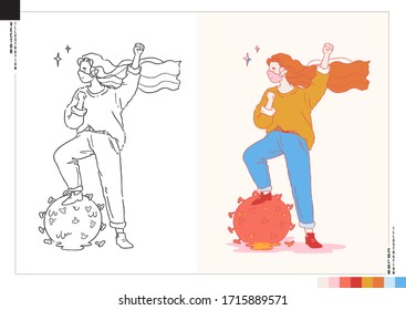 Happy girl who has recovered from Covid-19. Vector illustration in both monochrome outline and color versions. Cartoon style artwork.