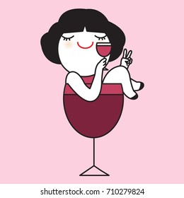 Happy Girl Who Sitting Inside A Wine Glass Holding A Glass Of Wine And Showing Her Thumbs Up Finger Number Two Cheer Up Hand Sign Concept Card Character illustration