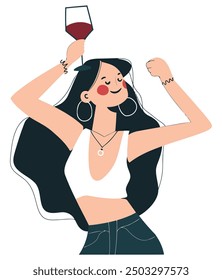 Happy Girl with Wine Glass, Joyful and Celebratory Moment - Flat Vector Illustration