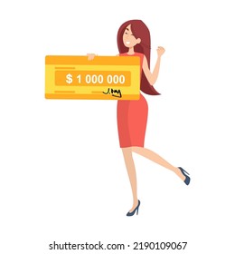 Happy girl winning million dollars flat vector illustration. Young winners holding money bank cheque from jackpot. Lottery gain, prize