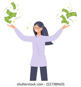 Happy girl wins the jackpot, dollar bills fall in a stack on the woman's hands. Lottery or casino winner, business success. Wealth and luck, rich man holding banknotes.Isolated female character vector