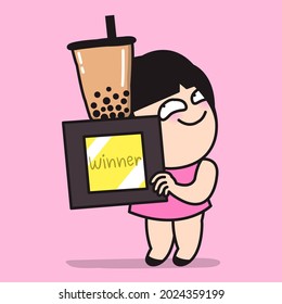 Happy Girl Wins A Trophy Cup Of Bubble Milk Tea Concept Card Character illustration