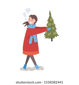 Happy Girl in Winter Clothing Carrying Christmas Fir Tree, Teenage Girl Preparing for New Year Holiday Vector Illustration