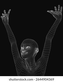 A happy girl in wireframe 3D model form stands with arms outstretched against a black background. The detailed mesh structure features realistic shading and intricate anatomical accuracy.