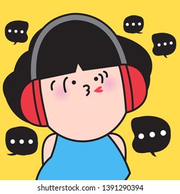Happy Girl With Wireless Headphone Being Isolated From Sound, People Or Someone Talking. Woman has A Peace Of Mind While Wearing Noise Canceling Earplugs Concept Card Character illustration