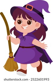 Happy Girl Witch With Witch Broom Illustration