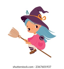 Happy Girl Witch Character at Halloween Flying Broom Vector Illustration