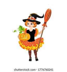 Happy girl in witch costume for Halloween celebration. Happy Halloween kids. Vector illustration on a white background.