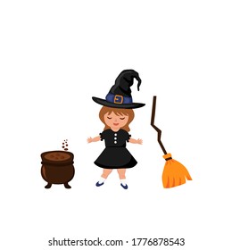 Happy girl in a witch costume for Halloween celebration with a broom and a potion pot. Happy Halloween kids. Vector illustration on a white background.