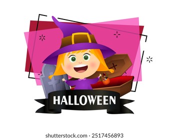 Glückliches Mädchen in Hexenkostüm, das zur Party einlädt. Halloween-Inschrift auf schwarzem Band, Grabstein und Sarg auf Hintergrund. Halloween Feier Konzept. Vektorgrafik für Poster oder Banner