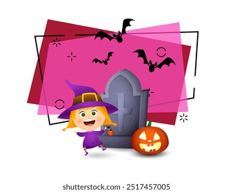 Glückliches Mädchen in Hexenkostüm mit Süßigkeiten. Kürbislaterne, Grabstein, fliegende Fledermäuse auf Hintergrund. Einladung oder Banner-Design. Halloween-Konzept. Vektorgrafik für Poster oder Faltblatt